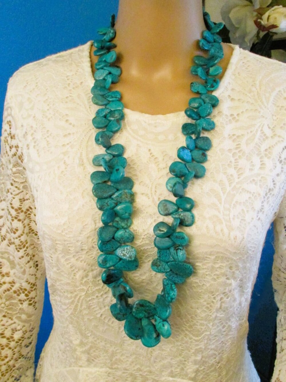 Vintage TURQUOISE Statement Necklace – Artisan Chunky Boho Jewelry 34" 10.7oz